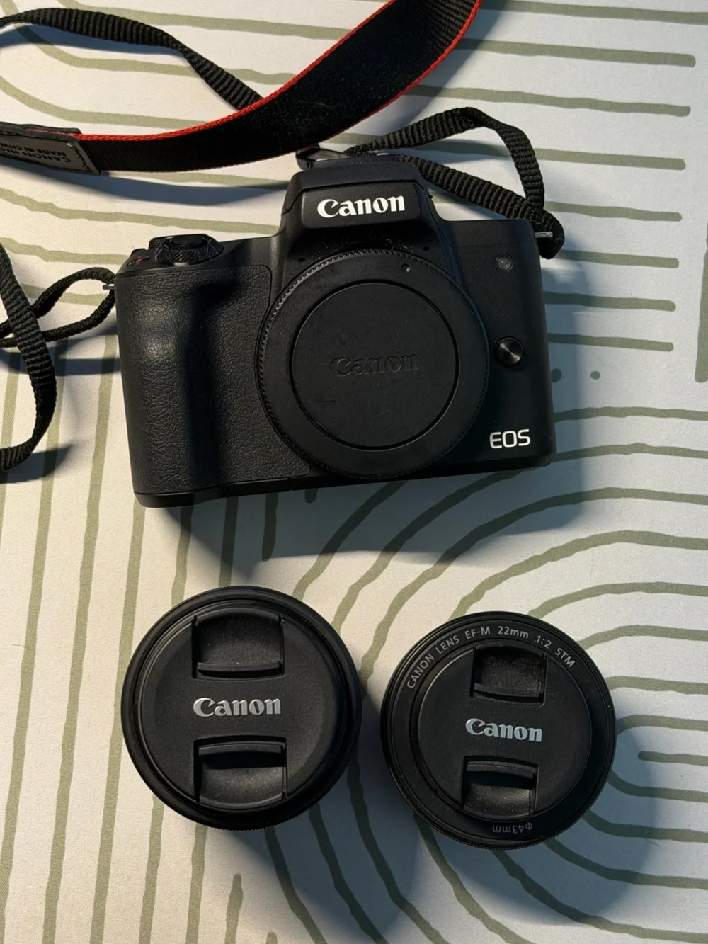 Canon EOS Mirrorless Camera Body in Black with Black Lenses and Strap